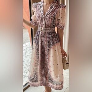 Zimmerman Pink Paisley Button-Front Midi Dress with Belt
